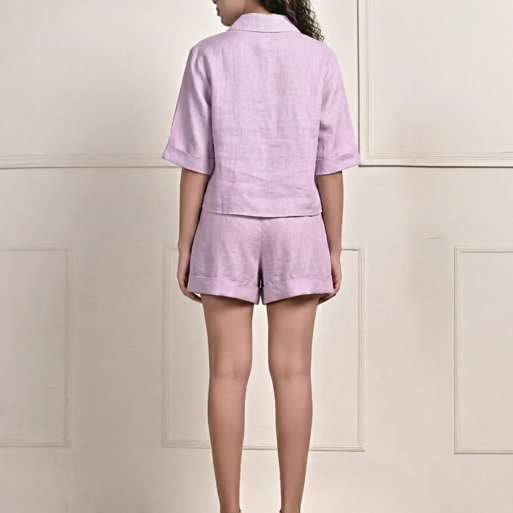 YUSHE 3 Piece Lounge Set for Women | Linen Crop Shirt with Shorts & Pants | Matching Co Ord Set | Loungewear for Travel