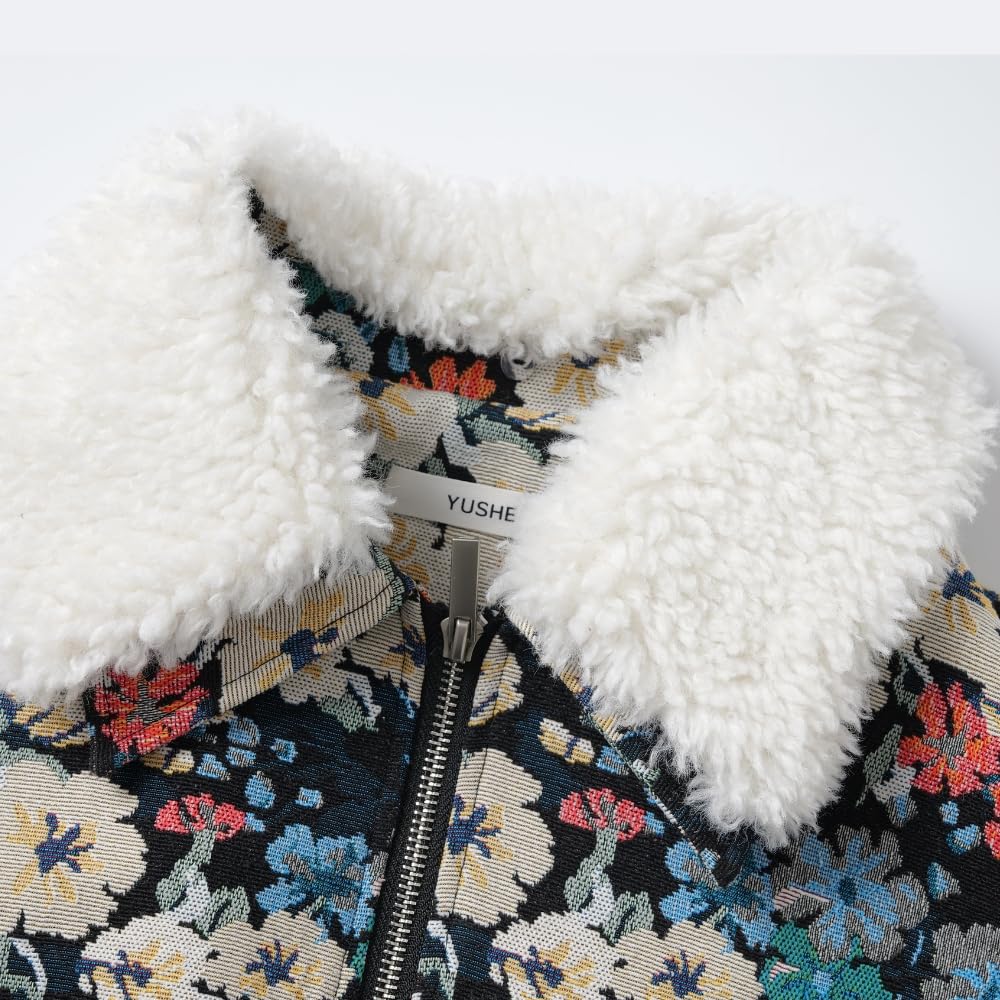 YUSHE Two Piece Jacket and Pants Set for Women | Zipper Jacket with Detachable Faux Fur Collar | Blue Floral Motif Winter Set