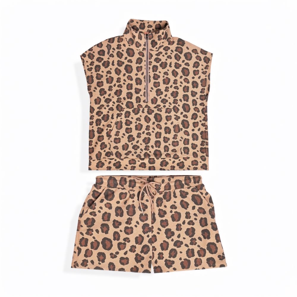 YUSHE Women 2 Piece Set Leopard Print Cap Sleeves Casual Women Top Short Matching Color Lounge Lightweight Travel Outfit