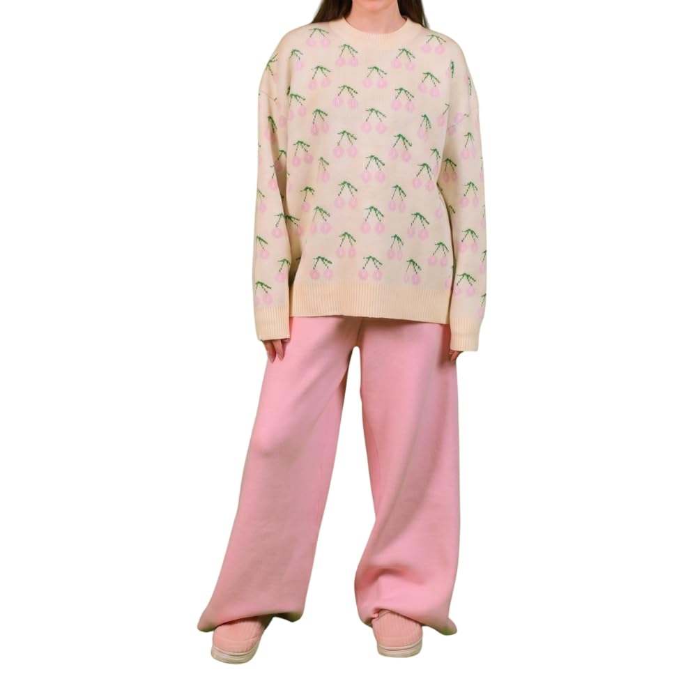 YUSHE Women 2 Piece Set | Cherry Motif Knit Sweater & High-Rise Pants | Winter Co-Ord Sets for Women | Loungewear for Travel