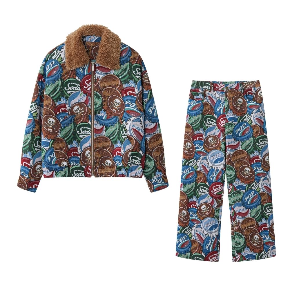 YUSHE Two Piece Jacket and Pants Set for Women | Zipper Jacket with Detachable Faux Fur Collar | Blue Floral Motif Winter Set