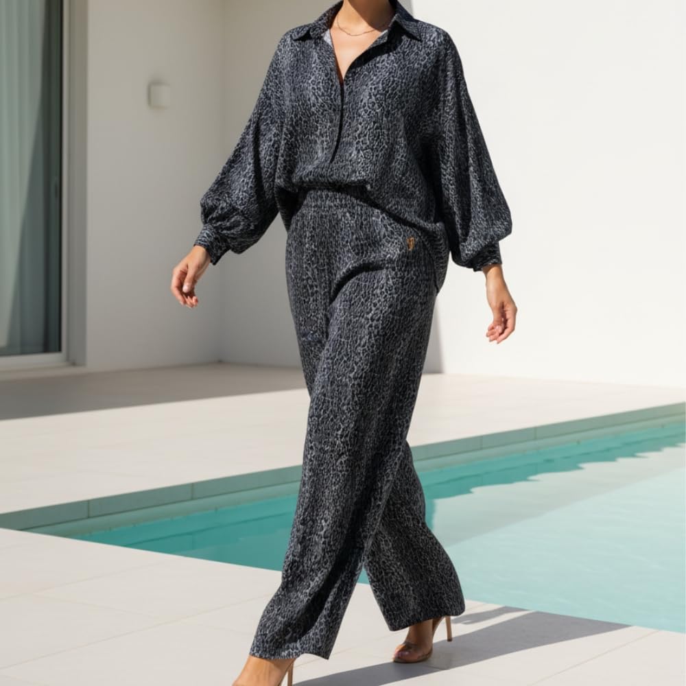 YUSHE Animal Print Co-ord Set | Lightweight Shirt and Pants Set for Women | Summer Two Piece Sets | Casual Vacation Outfits