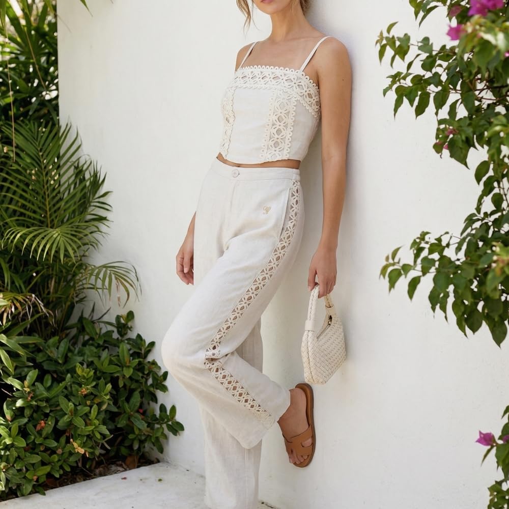 YUSHE 2-Piece Crop Top and Pants Set for Women | Lace Embroidered Top & Wide-Leg Pants with Pockets | Women Co-ord Set