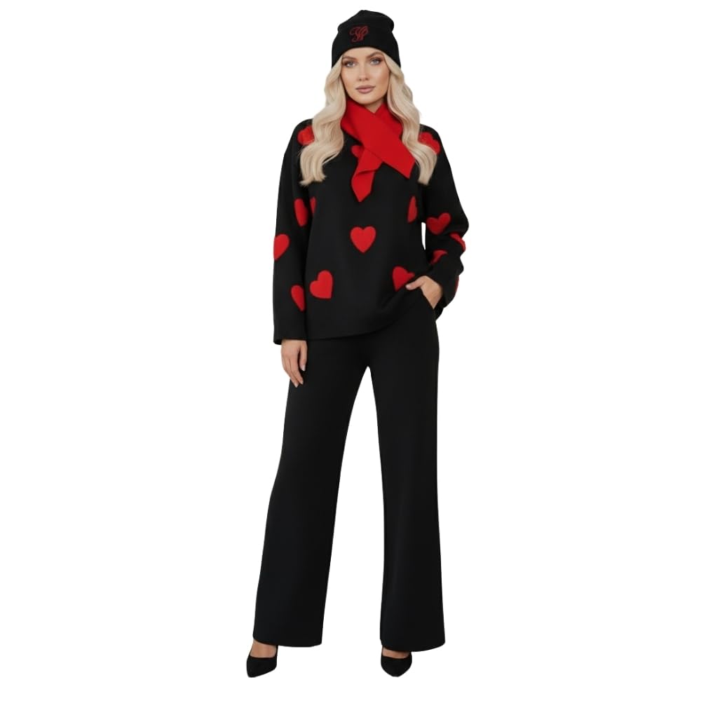YUSHE Women’s Winter Co-Ord Set | 4-Piece 3D Heart Knit Sweater & High-Rise Pants | Matching Cap & Neck Warmer