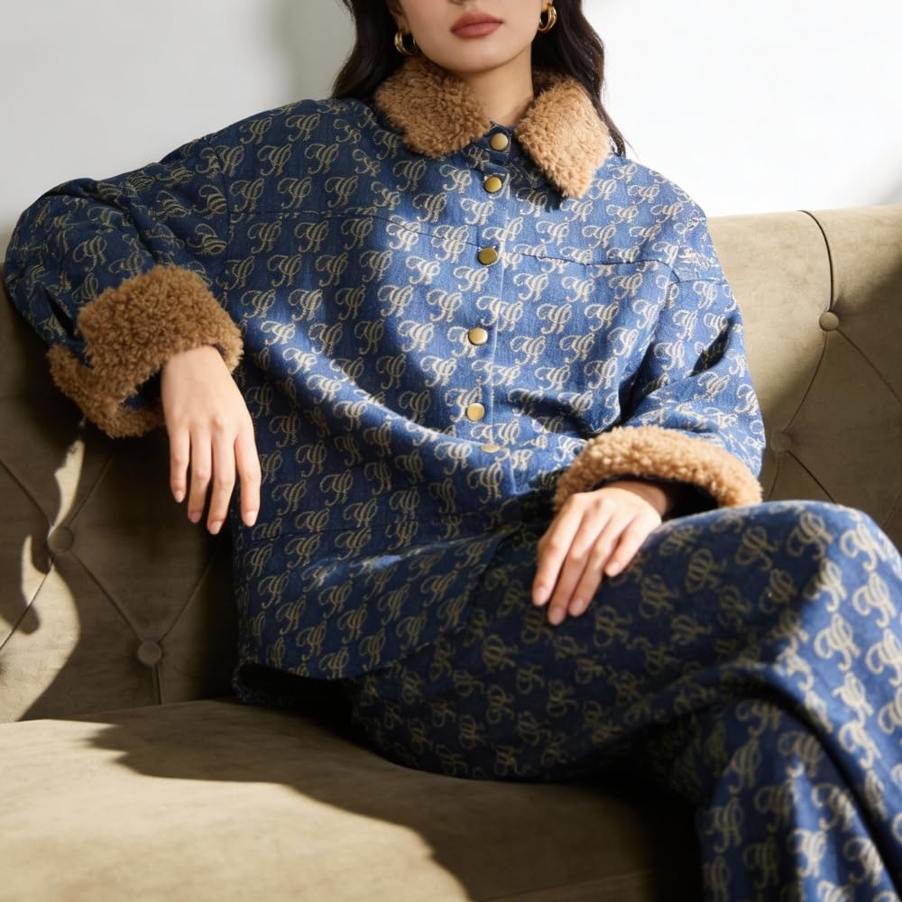 YUSHE 2 Piece Denim Outfit for Women | Button Down Shirt & Pant Set with Detachable Faux Fur | Cotton Rich Winter Set