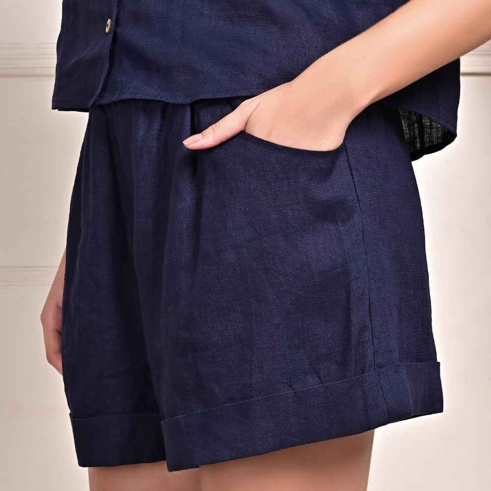 YUSHE 3 Piece Lounge Set for Women | Linen Crop Shirt with Shorts & Pants | Matching Co Ord Set | Loungewear for Travel