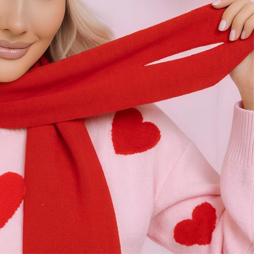 YUSHE Women’s Winter Co-Ord Set | 4-Piece 3D Heart Knit Sweater & High-Rise Pants | Matching Cap & Neck Warmer