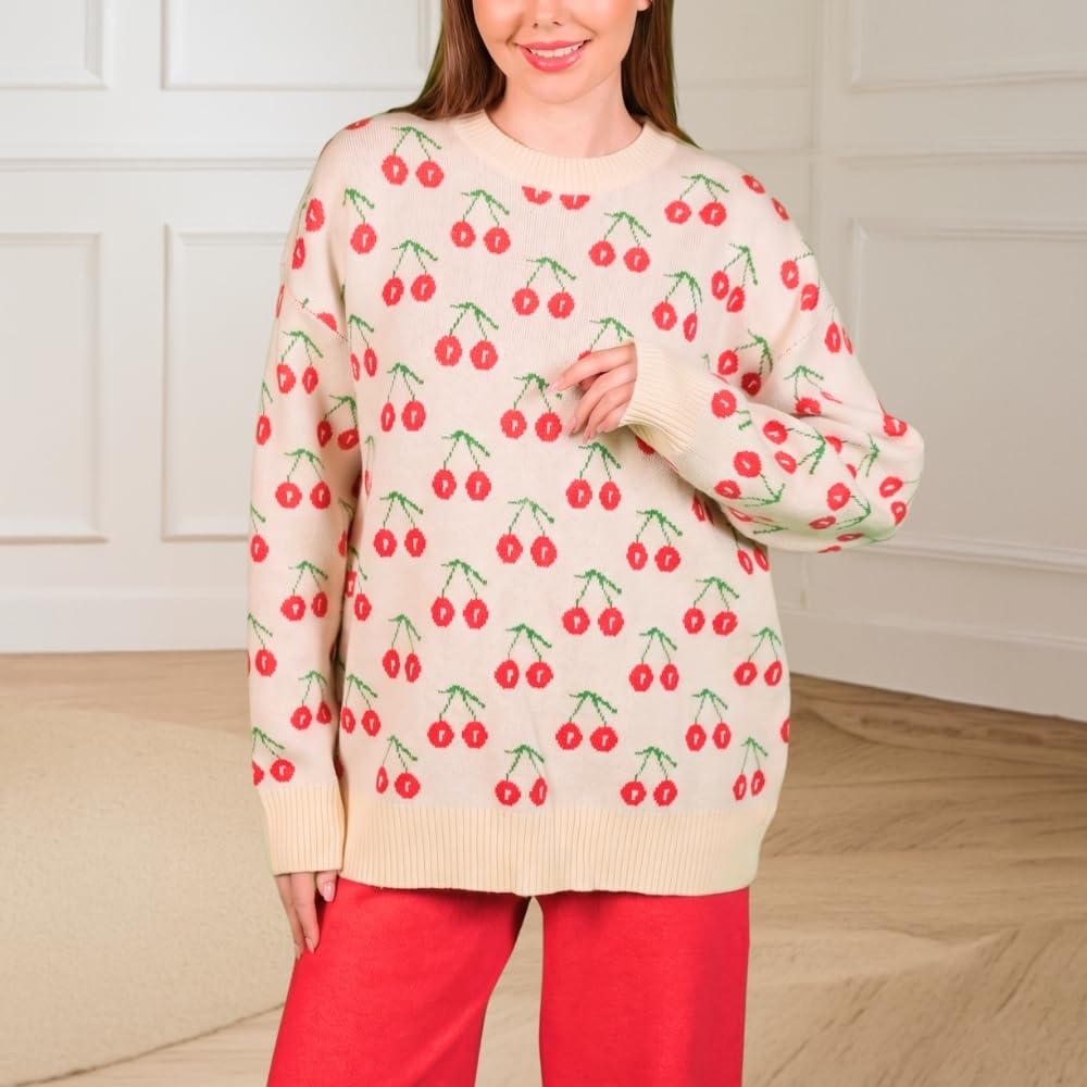 YUSHE Women 2 Piece Set | Cherry Motif Knit Sweater & High-Rise Pants | Winter Co-Ord Sets for Women | Loungewear for Travel