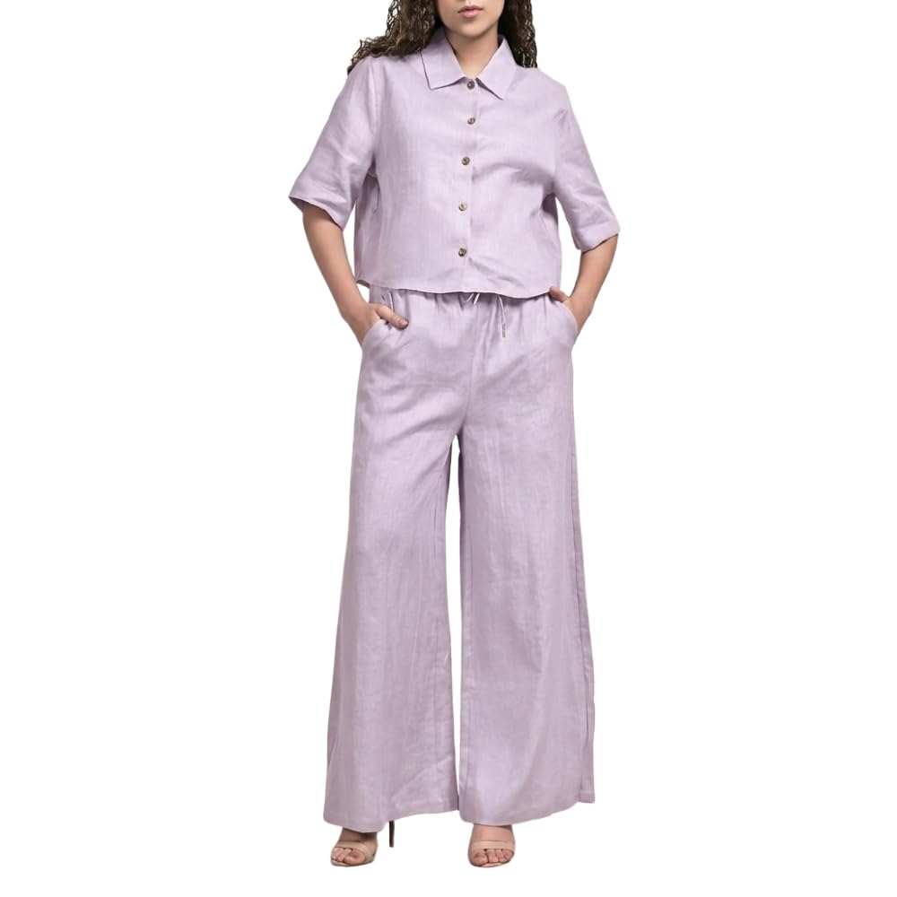 YUSHE 3 Piece Lounge Set for Women | Linen Crop Shirt with Shorts & Pants | Matching Co Ord Set | Loungewear for Travel