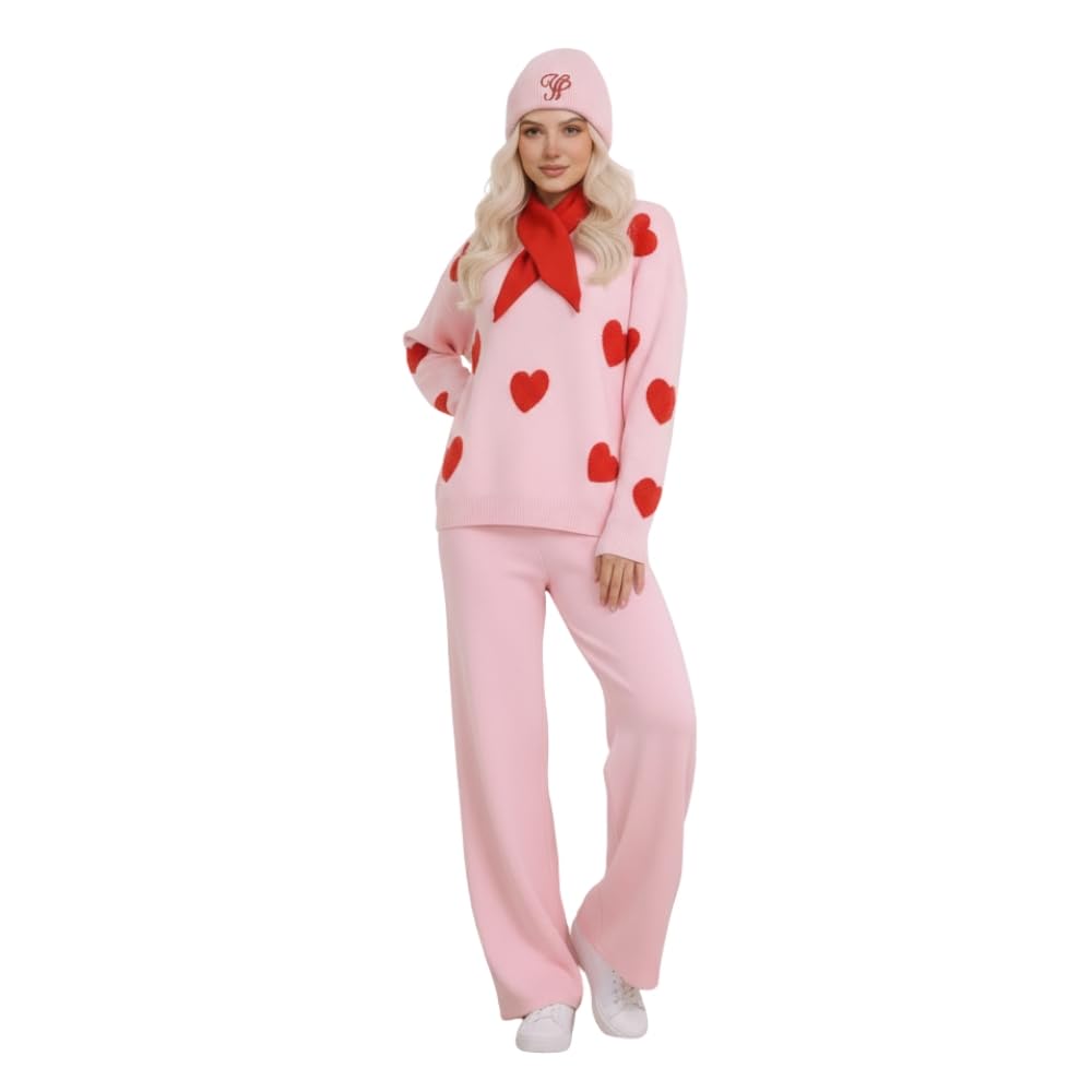 YUSHE Women’s Winter Co-Ord Set | 4-Piece 3D Heart Knit Sweater & High-Rise Pants | Matching Cap & Neck Warmer