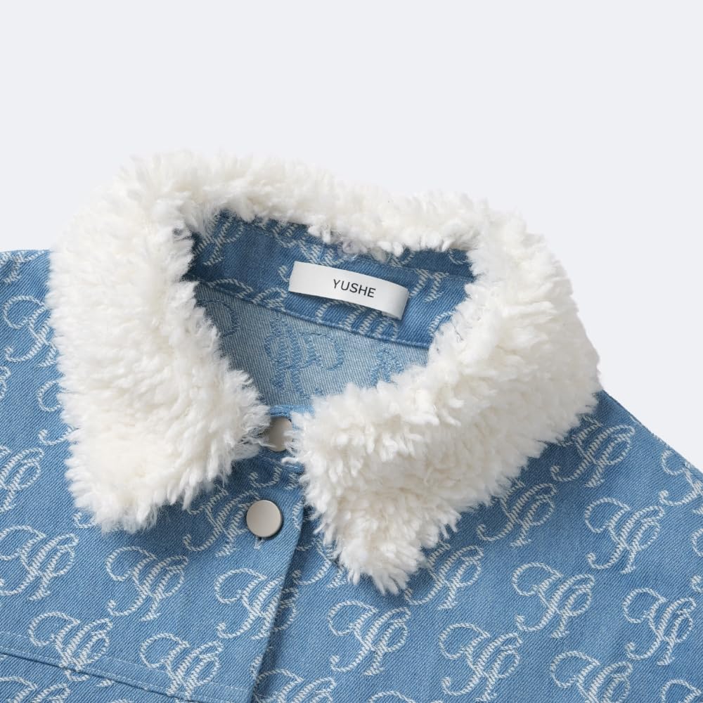 YUSHE 2 Piece Denim Outfit for Women | Button Down Shirt & Pant Set with Detachable Faux Fur | Cotton Rich Winter Set