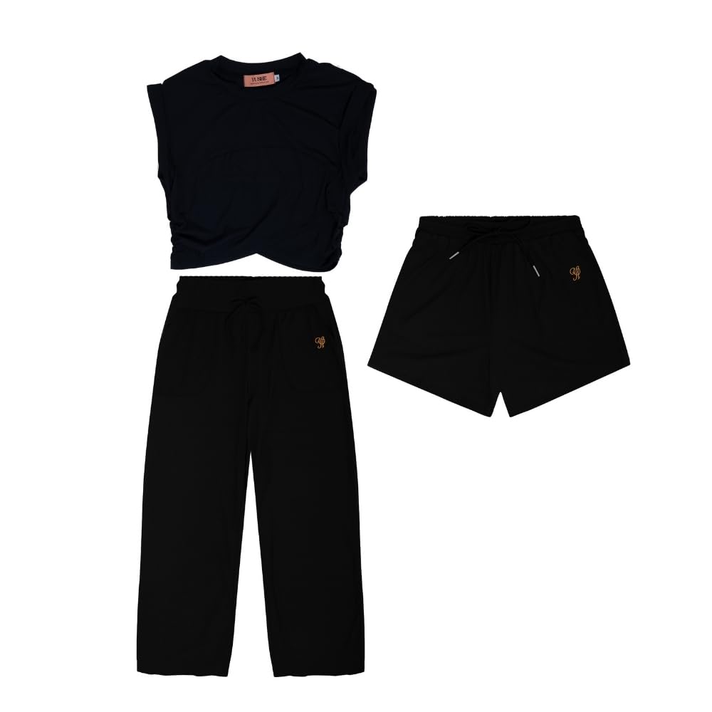 YUSHE 3 Piece Co Ord Set for Women | Ruched Top with Wide Leg Pants & Shorts | 3-in-1 Active & Lounge Wear for Travel