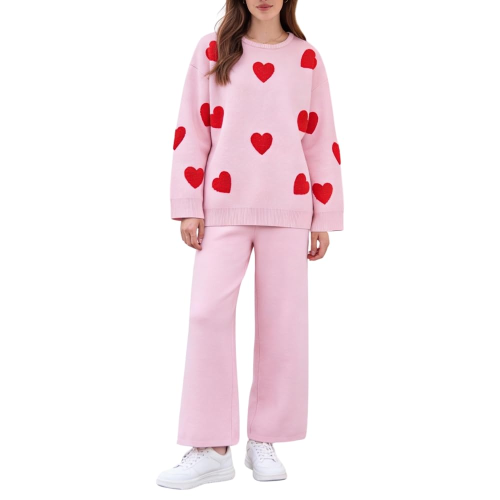 YUSHE Women Two Piece Outfit Sets | Valentine’s Lounge Set with 3D Heart Knit Sweater & High-Rise Pants | Women Winter Sets