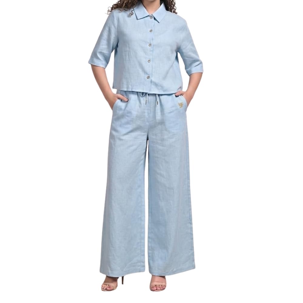 YUSHE 3 Piece Lounge Set for Women | Linen Crop Shirt with Shorts & Pants | Matching Co Ord Set | Loungewear for Travel