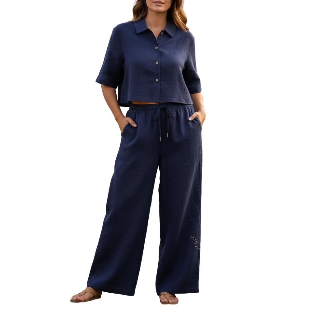 YUSHE 3 Piece Lounge Set for Women | Linen Crop Shirt with Shorts & Pants | Matching Co Ord Set | Loungewear for Travel