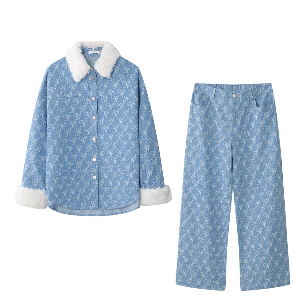YUSHE 2 Piece Denim Outfit for Women | Button Down Shirt & Pant Set with Detachable Faux Fur | Cotton Rich Winter Set