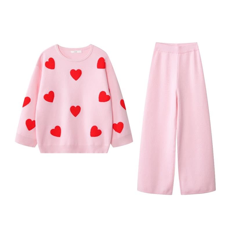 YUSHE Women Two Piece Outfit Sets | Valentine’s Lounge Set with 3D Heart Knit Sweater & High-Rise Pants | Women Winter Sets