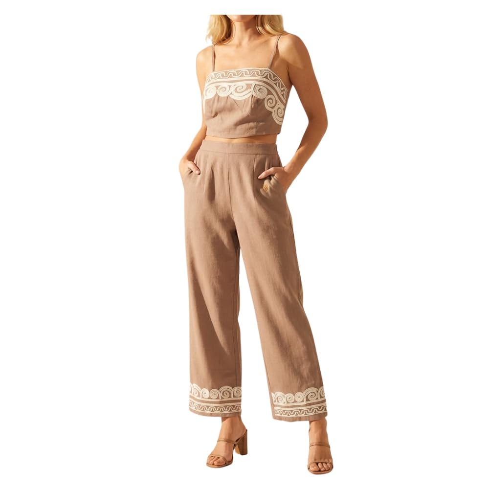 YUSHE Embroidered 2 Piece Crop Top and Pants Set | Viscose Linen Blend Cord Set | Wide Leg Pants | Vacation Outfits for Women