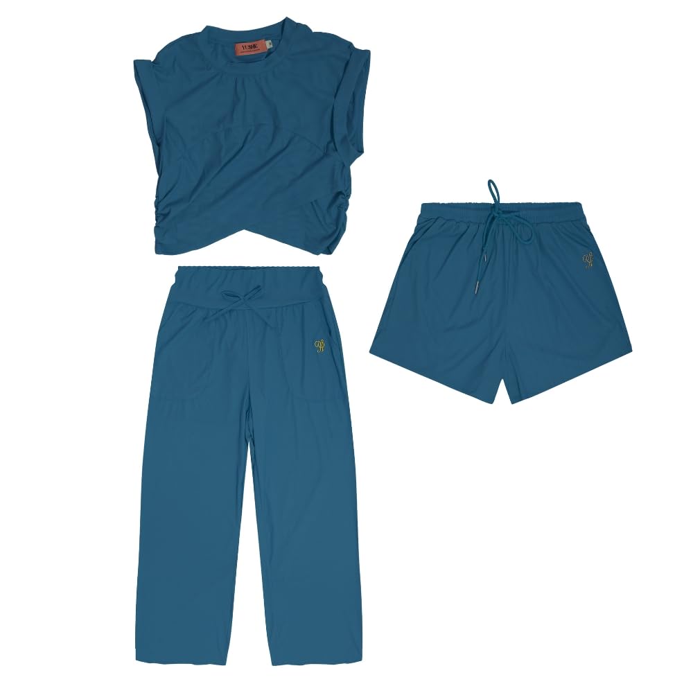 YUSHE 3 Piece Co Ord Set for Women | Ruched Top with Wide Leg Pants & Shorts | 3-in-1 Active & Lounge Wear for Travel