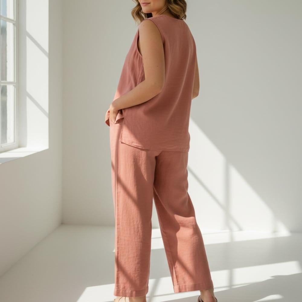 YUSHE 3 Piece 100% Cotton Cord Set for Women | Top, Pants & Shorts with Pockets | Breathable Lounge Wear for Travel
