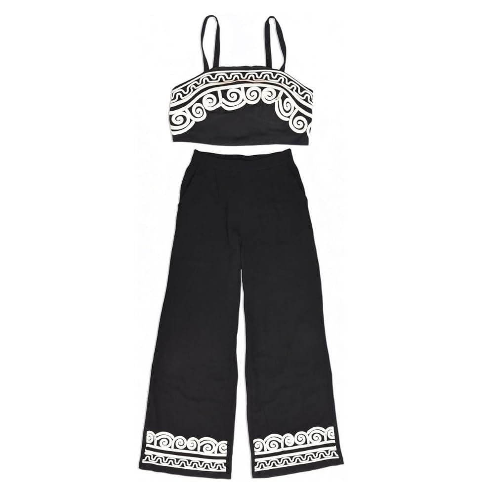 YUSHE Embroidered 2 Piece Crop Top and Pants Set | Viscose Linen Blend Cord Set | Wide Leg Pants | Vacation Outfits for Women