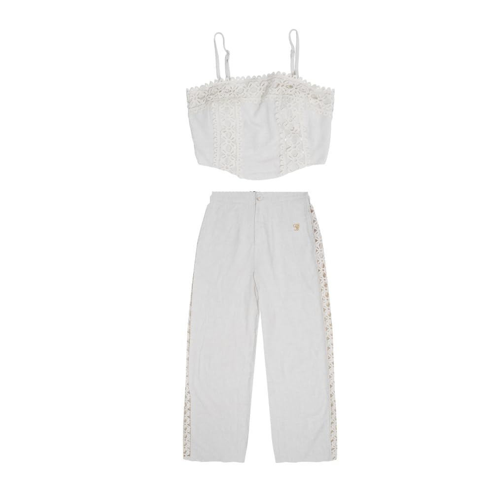 YUSHE 2-Piece Crop Top and Pants Set for Women | Lace Embroidered Top & Wide-Leg Pants with Pockets | Women Co-ord Set