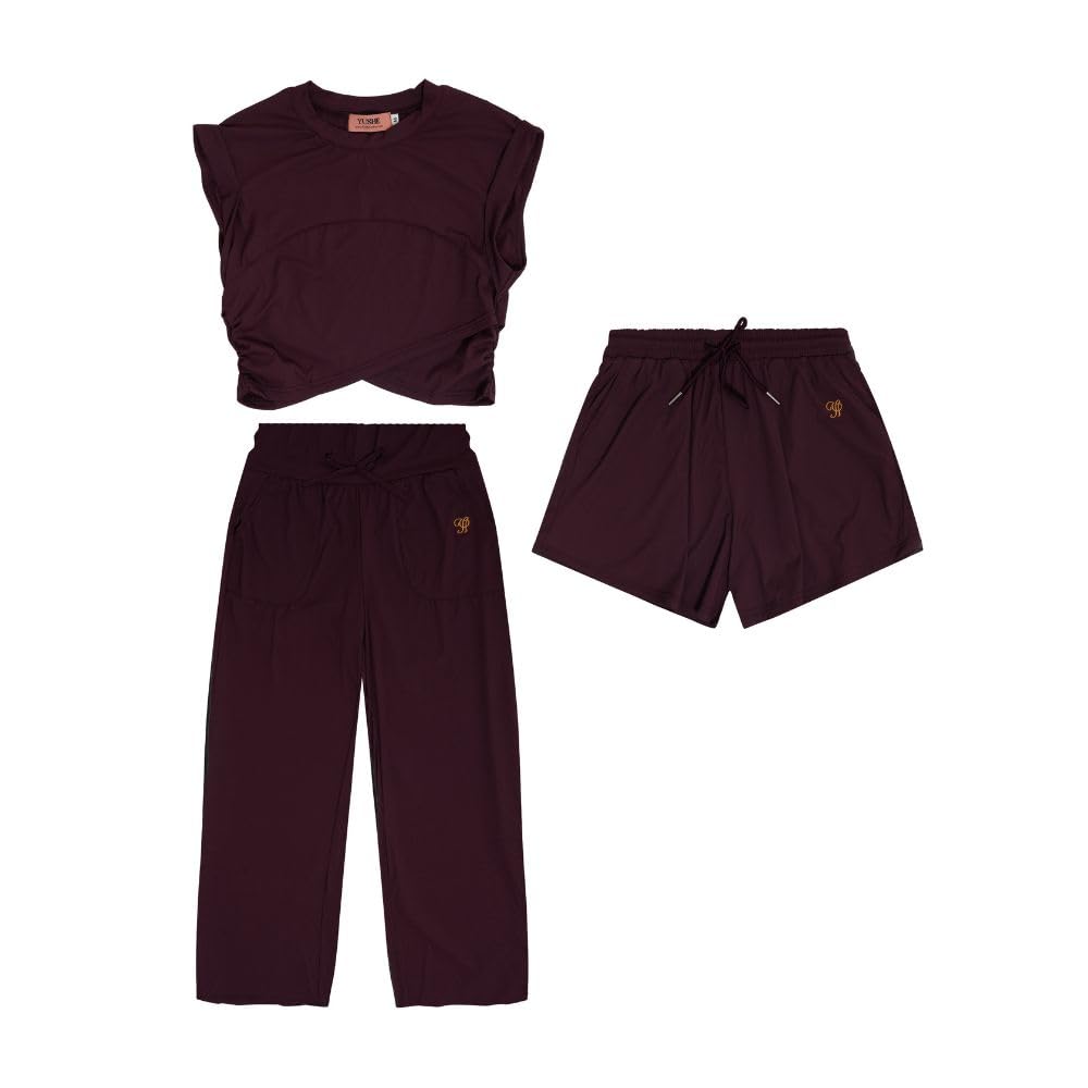 YUSHE 3 Piece Co Ord Set for Women | Ruched Top with Wide Leg Pants & Shorts | 3-in-1 Active & Lounge Wear for Travel