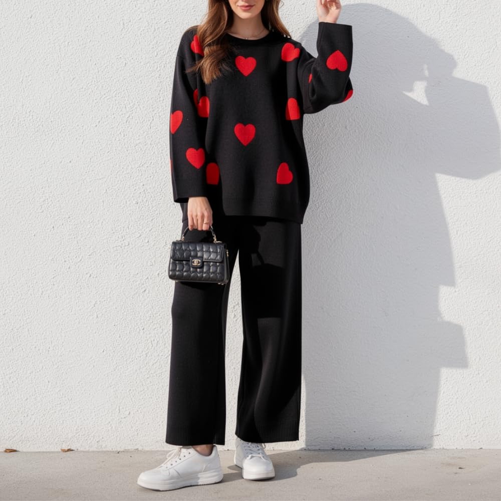 YUSHE Women Two Piece Outfit Sets | Valentine’s Lounge Set with 3D Heart Knit Sweater & High-Rise Pants | Women Winter Sets