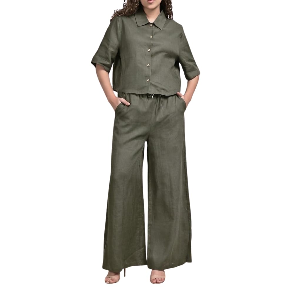 YUSHE 3 Piece Lounge Set for Women | Linen Crop Shirt with Shorts & Pants | Matching Co Ord Set | Loungewear for Travel
