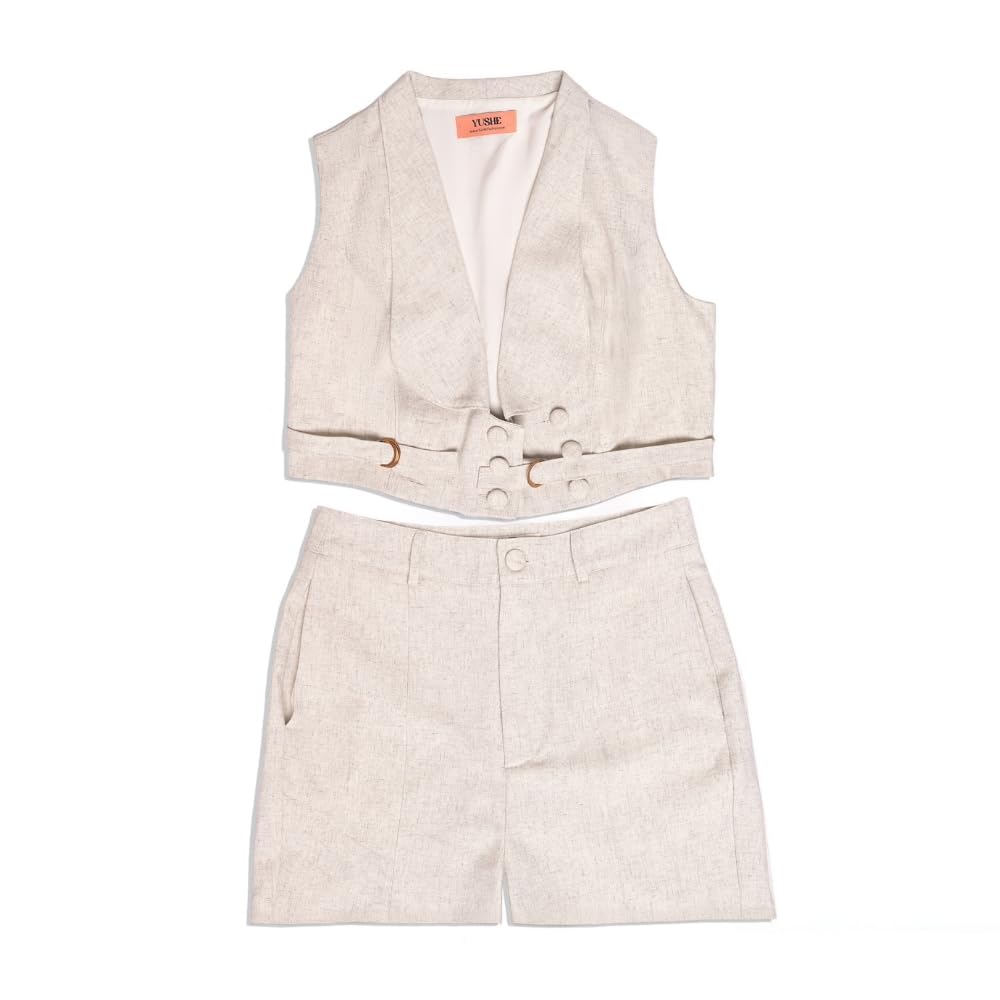 YUSHE Two-Piece Vest and Shorts Set for Women | Linen Blend Sleeveless Buttoned Vest & Matching Shorts | Women’s Work Outfit