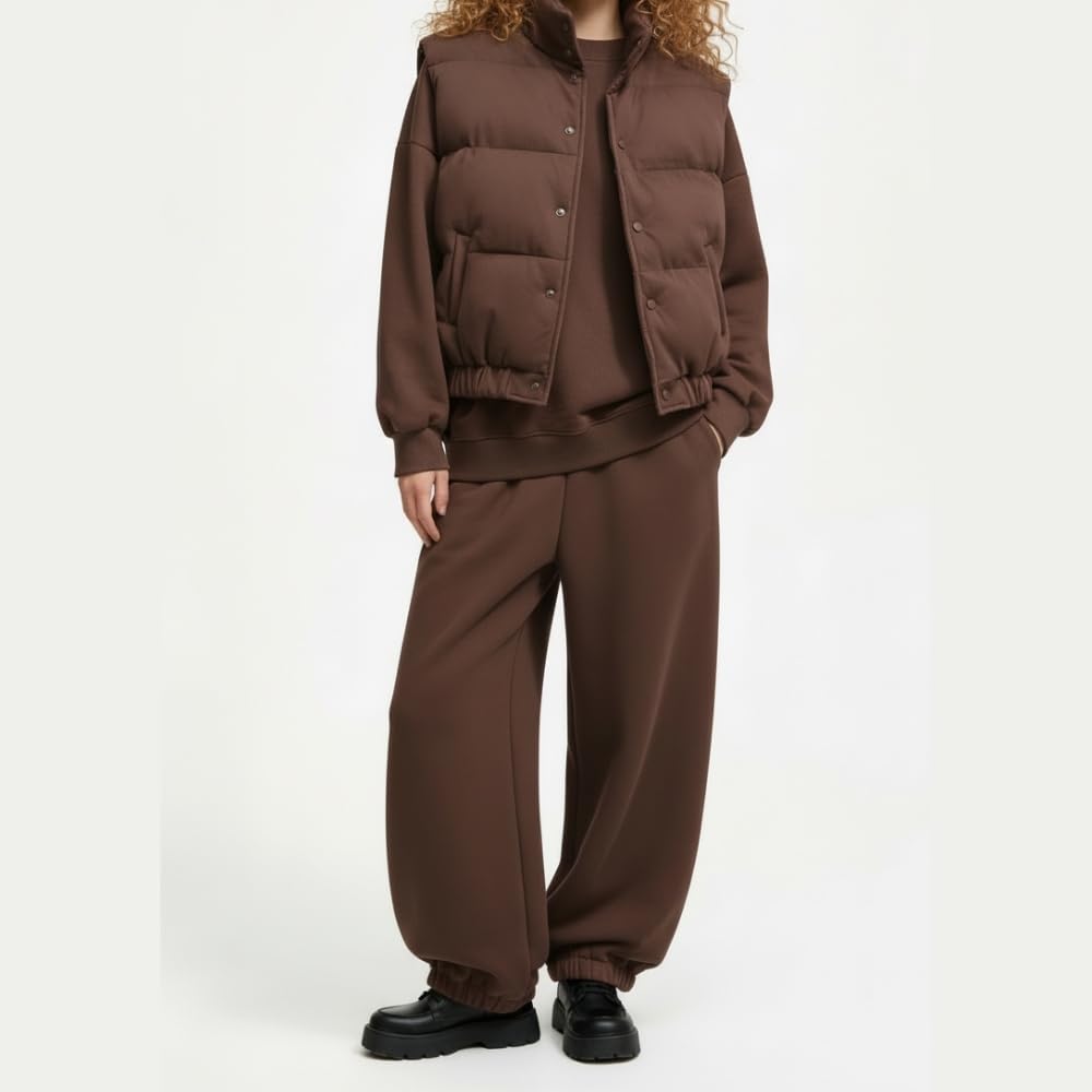 YUSHE Three Piece Sets for Women | Cotton Rich Sweatshirt and Jogger with Lightweight Puffer Jacket | Winter Cord Sets