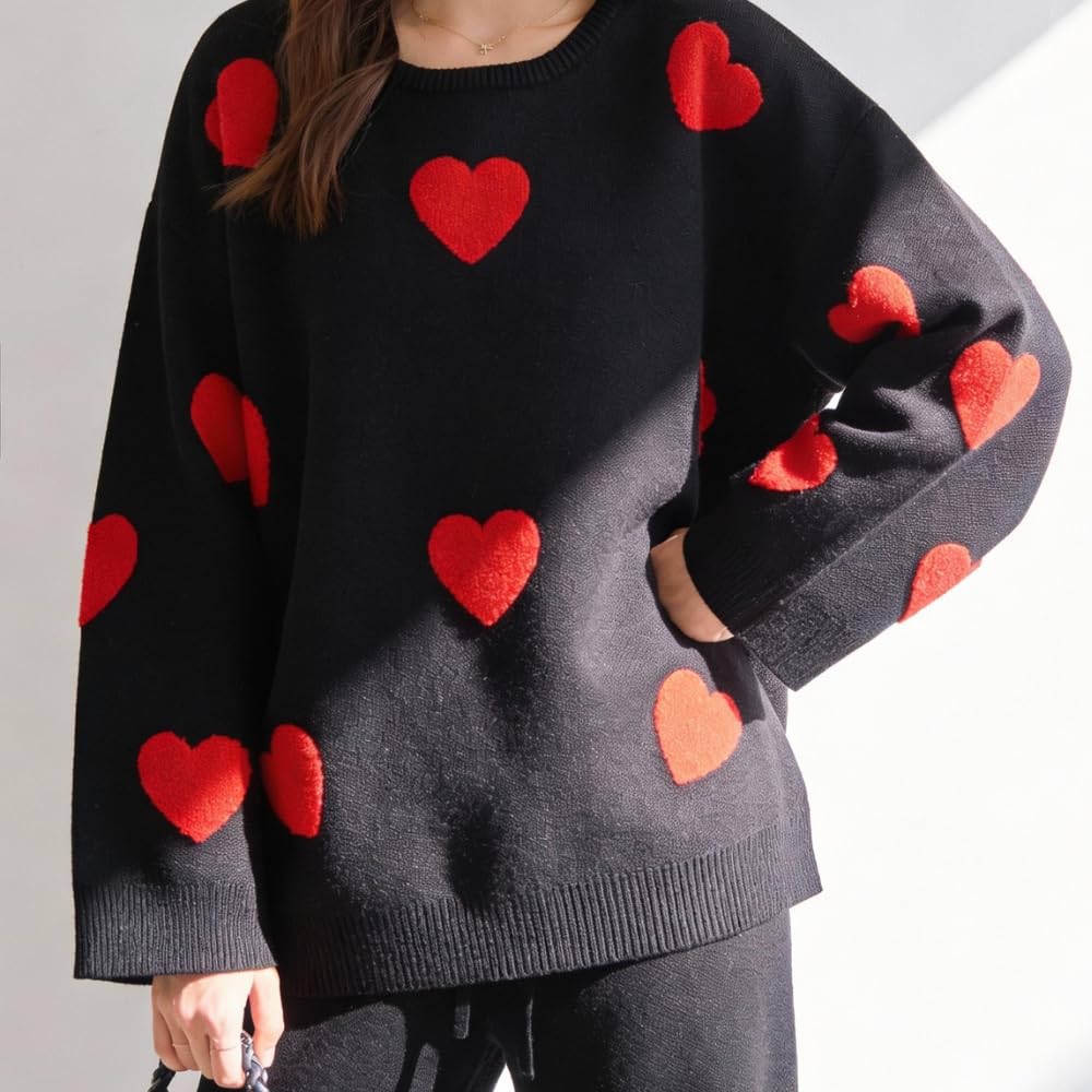 YUSHE Women Two Piece Outfit Sets | Valentine’s Lounge Set with 3D Heart Knit Sweater & High-Rise Pants | Women Winter Sets