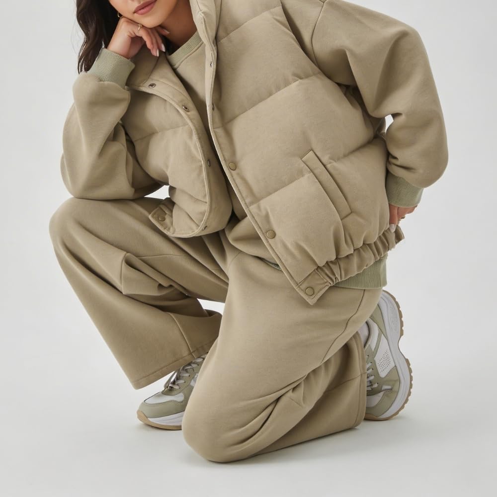 YUSHE Three Piece Sets for Women | Cotton Rich Sweatshirt and Jogger with Lightweight Puffer Jacket | Winter Cord Sets