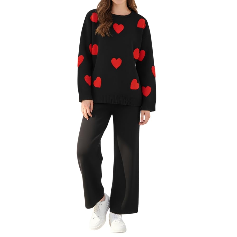 YUSHE Women Two Piece Outfit Sets | Valentine’s Lounge Set with 3D Heart Knit Sweater & High-Rise Pants | Women Winter Sets
