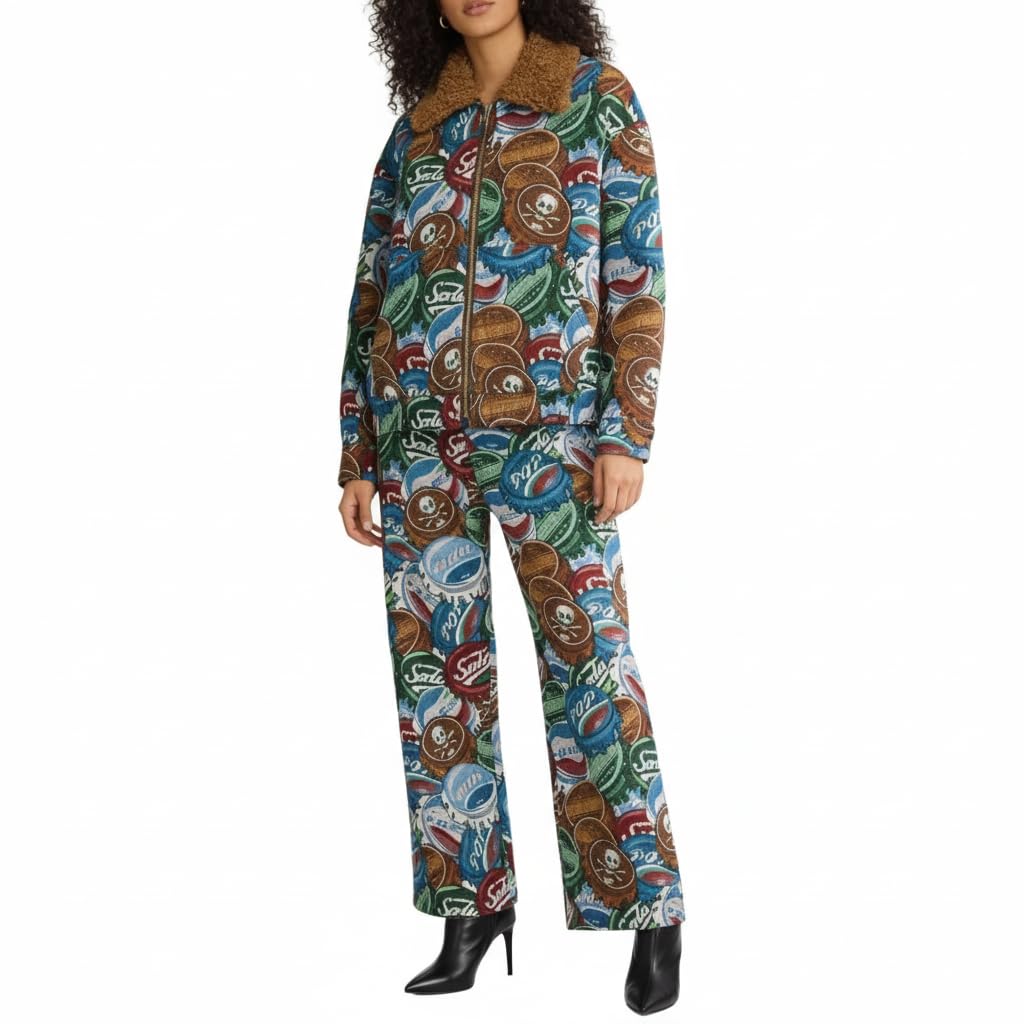 YUSHE Two Piece Jacket and Pants Set for Women | Zipper Jacket with Detachable Faux Fur Collar | Blue Floral Motif Winter Set