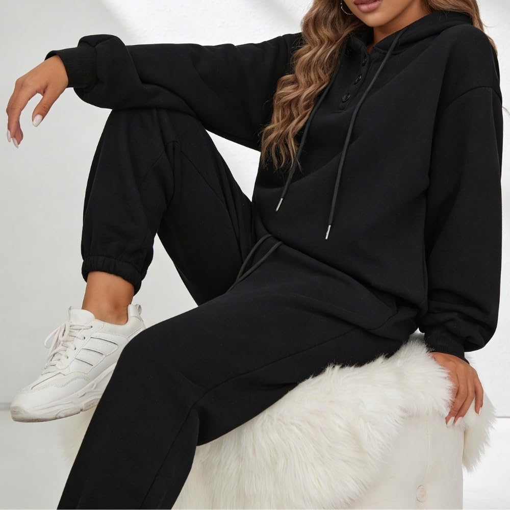 YUSHE 2 Piece Hoodie and Jogger Set for Women | Buttoned Pullover Hoodie with High Rise Joggers | Cotton Blend Sweatsuit Set
