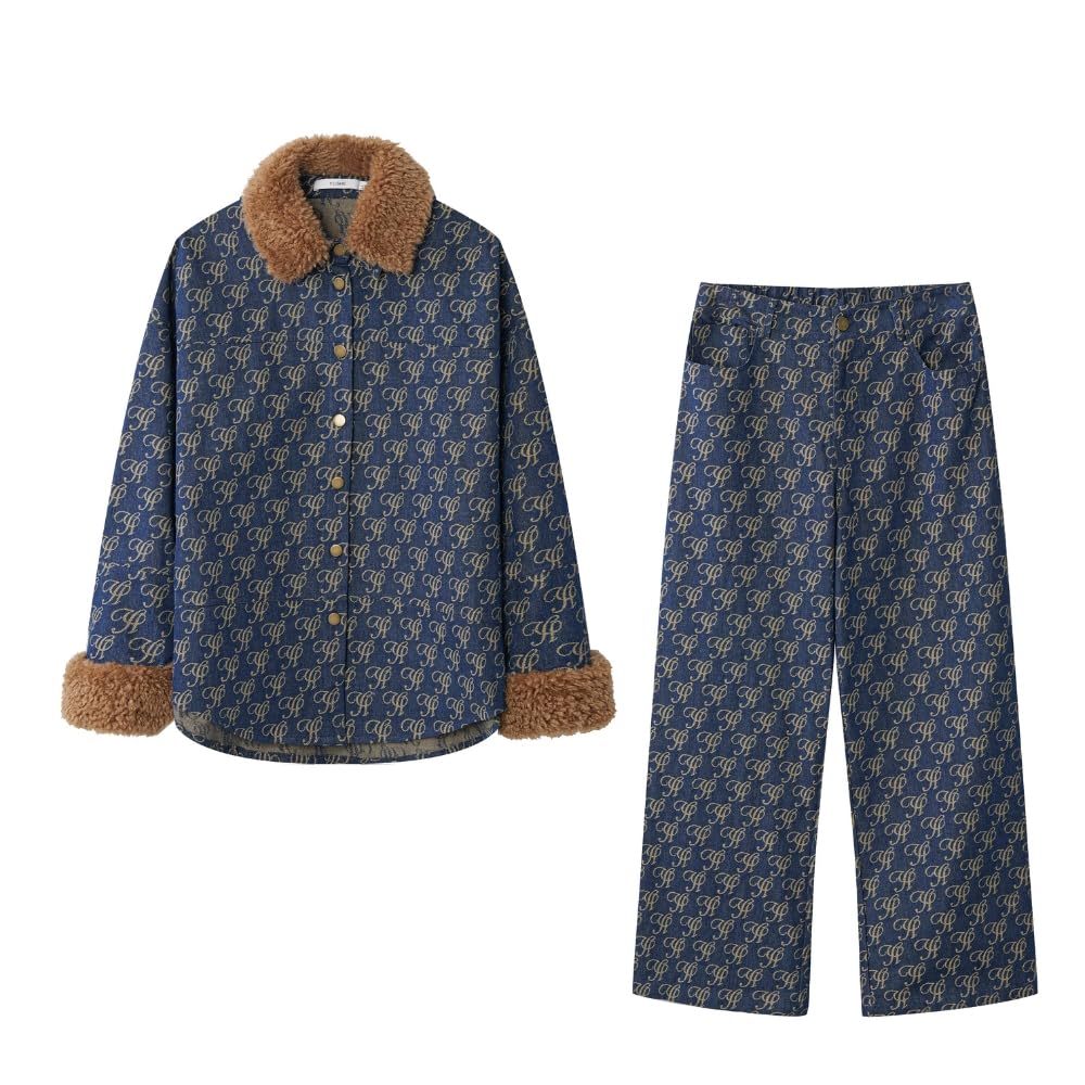 YUSHE 2 Piece Denim Outfit for Women | Button Down Shirt & Pant Set with Detachable Faux Fur | Cotton Rich Winter Set