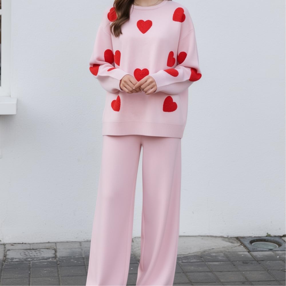 YUSHE Women Two Piece Outfit Sets | Valentine’s Lounge Set with 3D Heart Knit Sweater & High-Rise Pants | Women Winter Sets