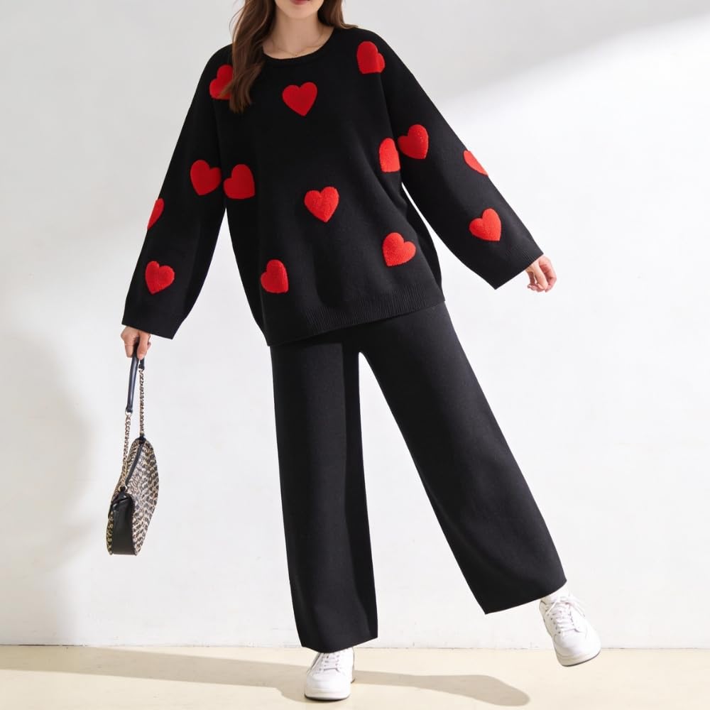 YUSHE Women Two Piece Outfit Sets | Valentine’s Lounge Set with 3D Heart Knit Sweater & High-Rise Pants | Women Winter Sets