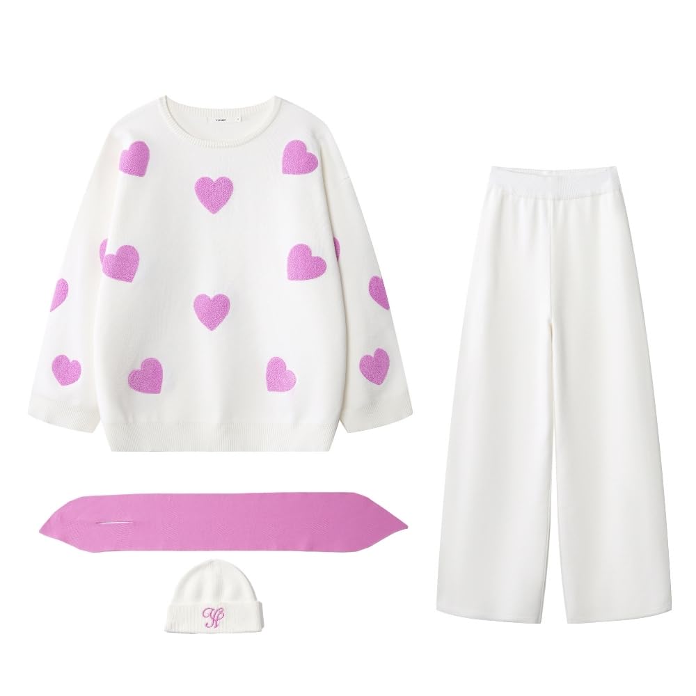 YUSHE Women’s Winter Co-Ord Set | 4-Piece 3D Heart Knit Sweater & High-Rise Pants | Matching Cap & Neck Warmer