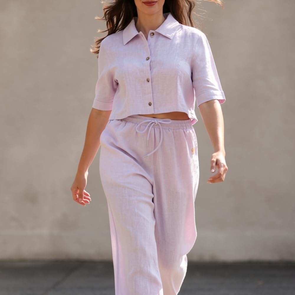 YUSHE 3 Piece Lounge Set for Women | Linen Crop Shirt with Shorts & Pants | Matching Co Ord Set | Loungewear for Travel