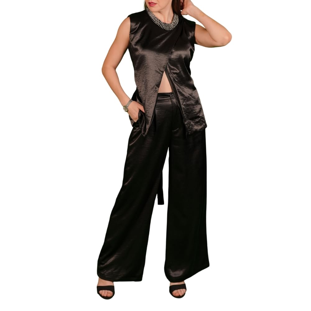 YUSHE Women 2-Piece Sleeveless Top and Straight Pant Outfit Cotton Blend Occasion Ready Set