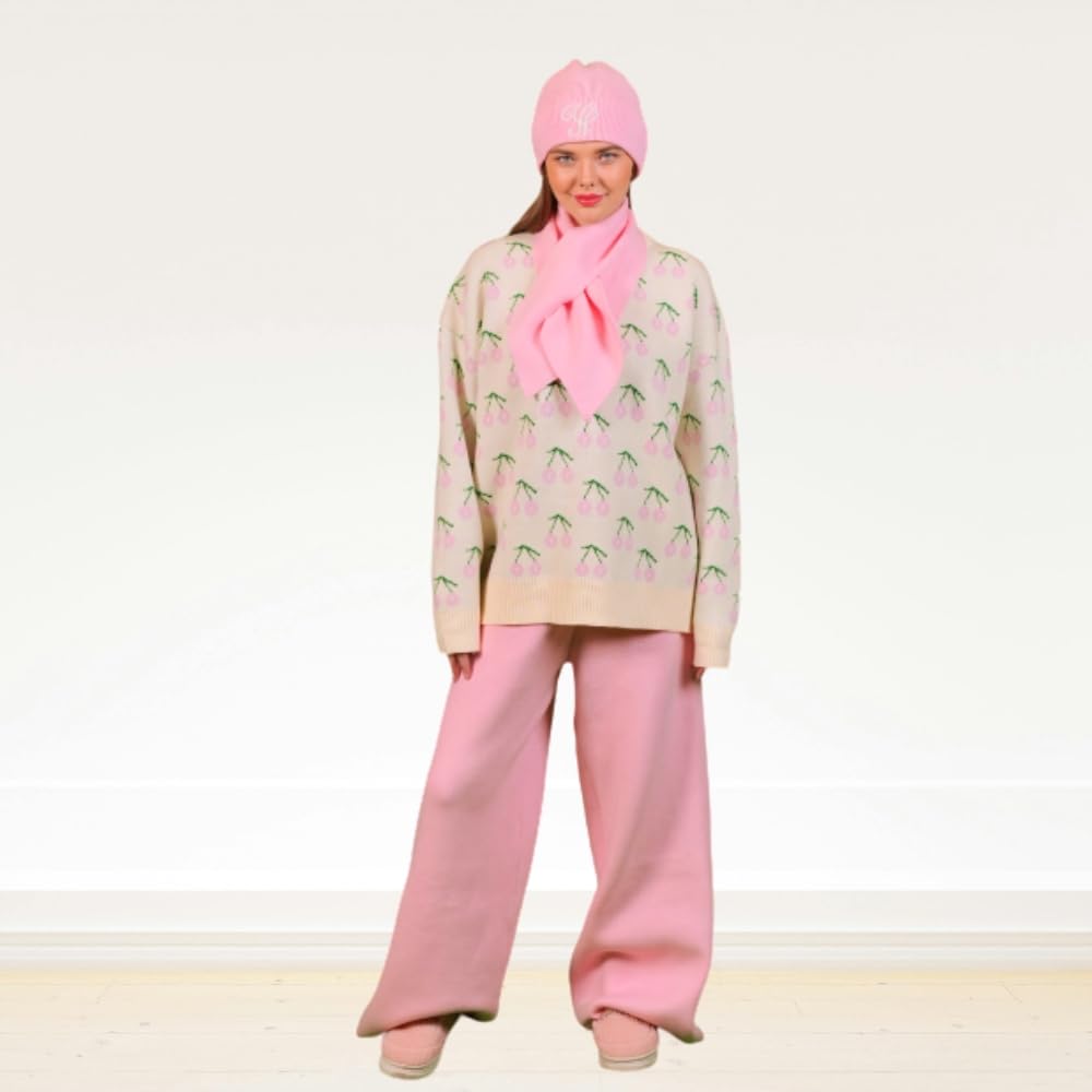 YUSHE Women’s Co-Ord Set | 4-Piece Knitted Cherry Motif Sweater & High-Rise Pants with Cap & Neck Warmer | Winter Lounge Set