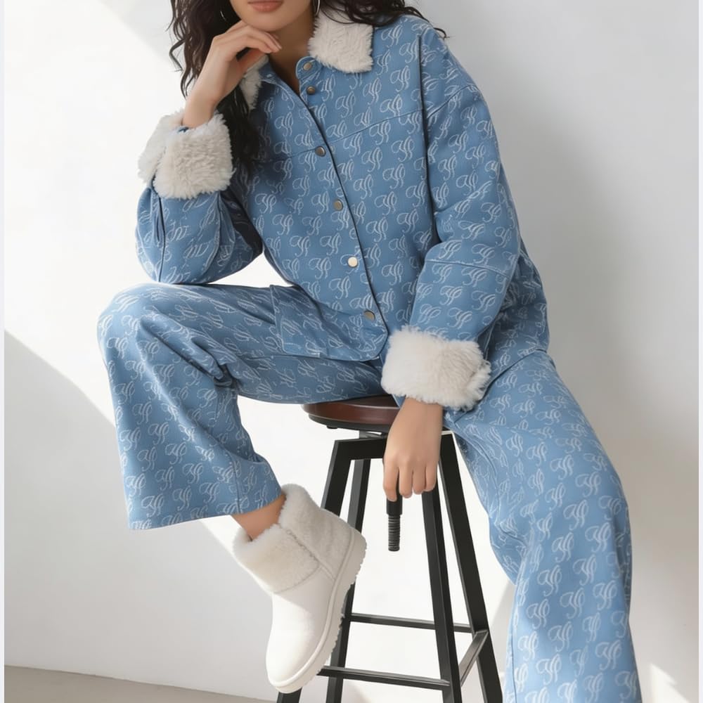 YUSHE 2 Piece Denim Outfit for Women | Button Down Shirt & Pant Set with Detachable Faux Fur | Cotton Rich Winter Set