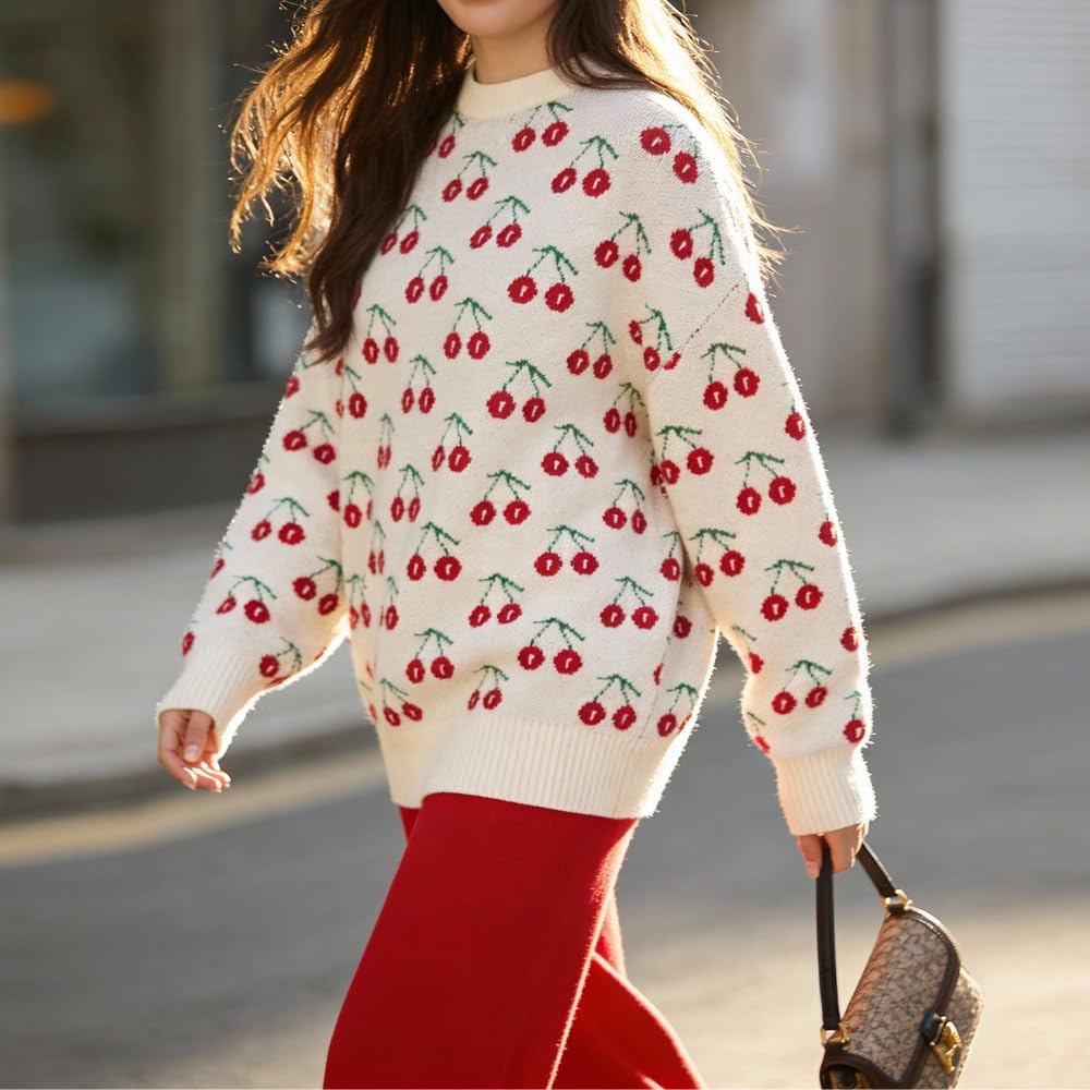 YUSHE Women 2 Piece Set | Cherry Motif Knit Sweater & High-Rise Pants | Winter Co-Ord Sets for Women | Loungewear for Travel