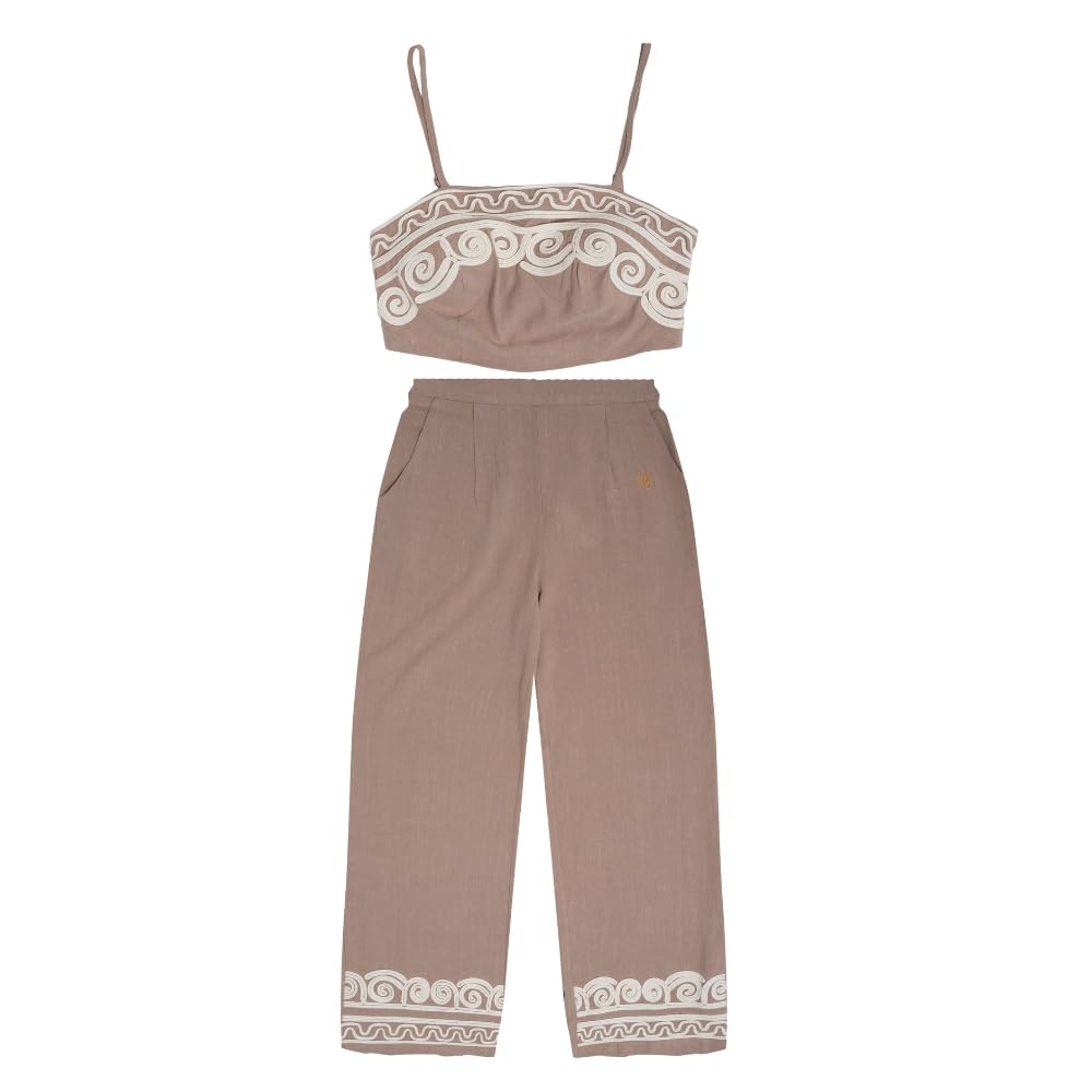 YUSHE Embroidered 2 Piece Crop Top and Pants Set | Viscose Linen Blend Cord Set | Wide Leg Pants | Vacation Outfits for Women
