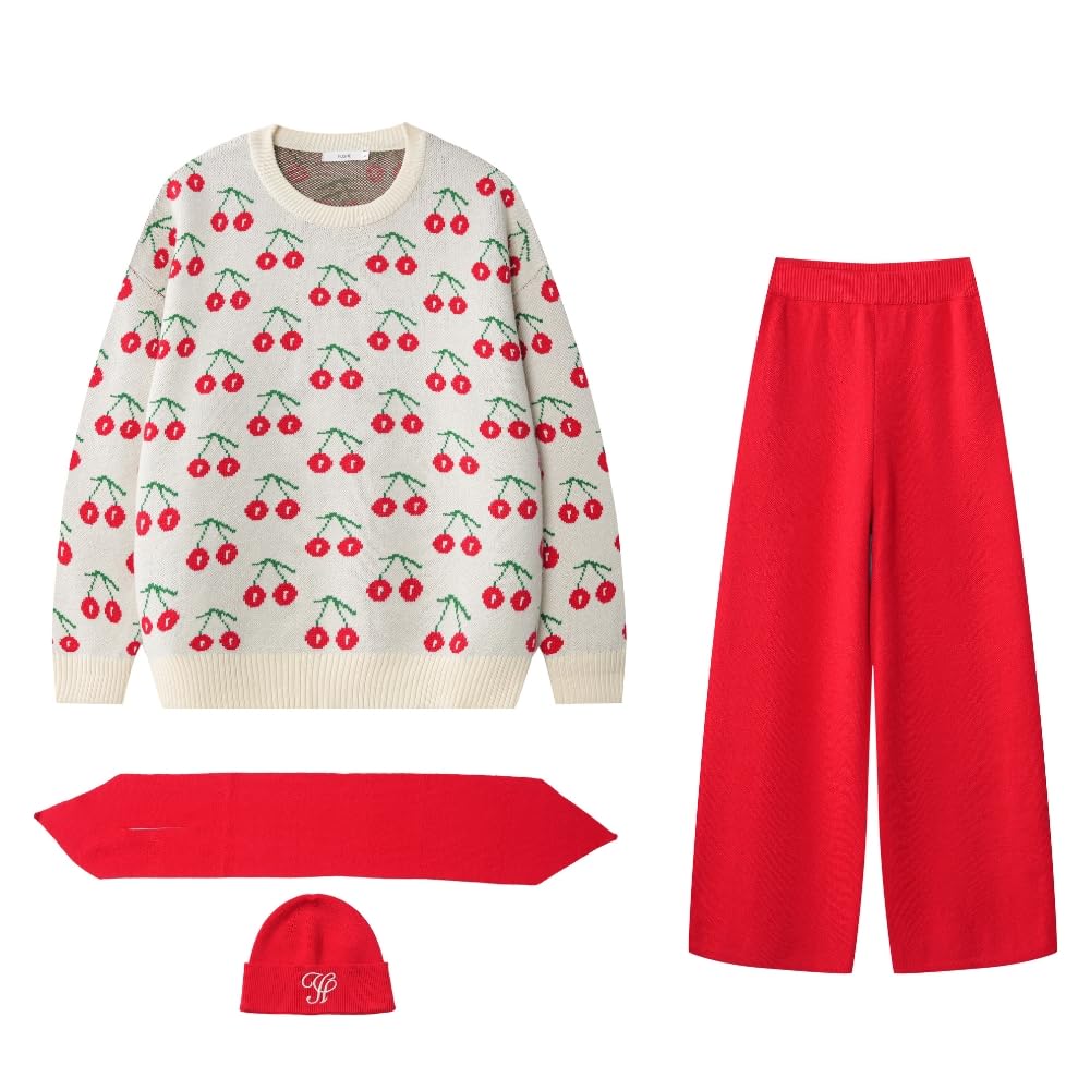 YUSHE Women’s Co-Ord Set | 4-Piece Knitted Cherry Motif Sweater & High-Rise Pants with Cap & Neck Warmer | Winter Lounge Set