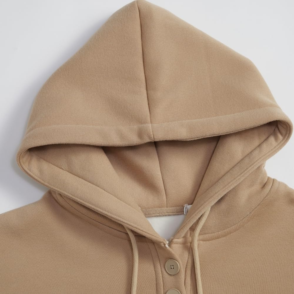 YUSHE 2 Piece Hoodie and Jogger Set for Women | Buttoned Pullover Hoodie with High Rise Joggers | Cotton Blend Sweatsuit Set