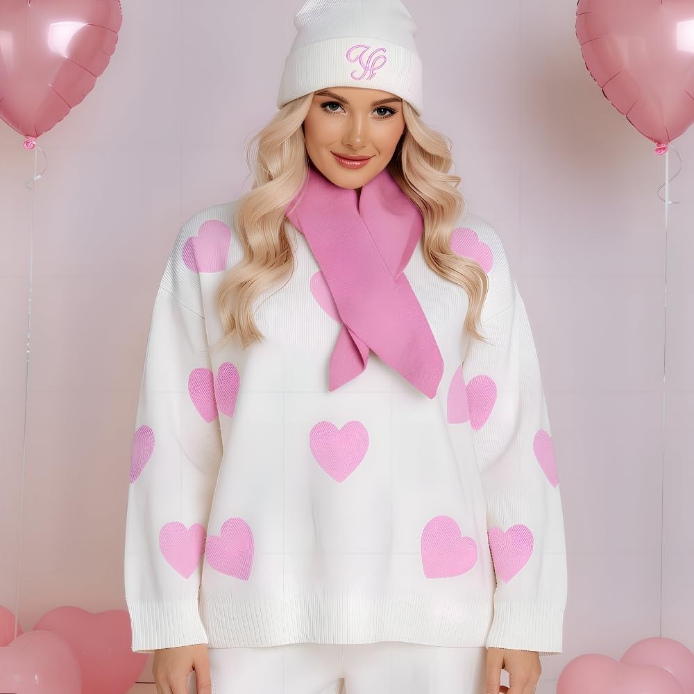 YUSHE Women’s Winter Co-Ord Set | 4-Piece 3D Heart Knit Sweater & High-Rise Pants | Matching Cap & Neck Warmer