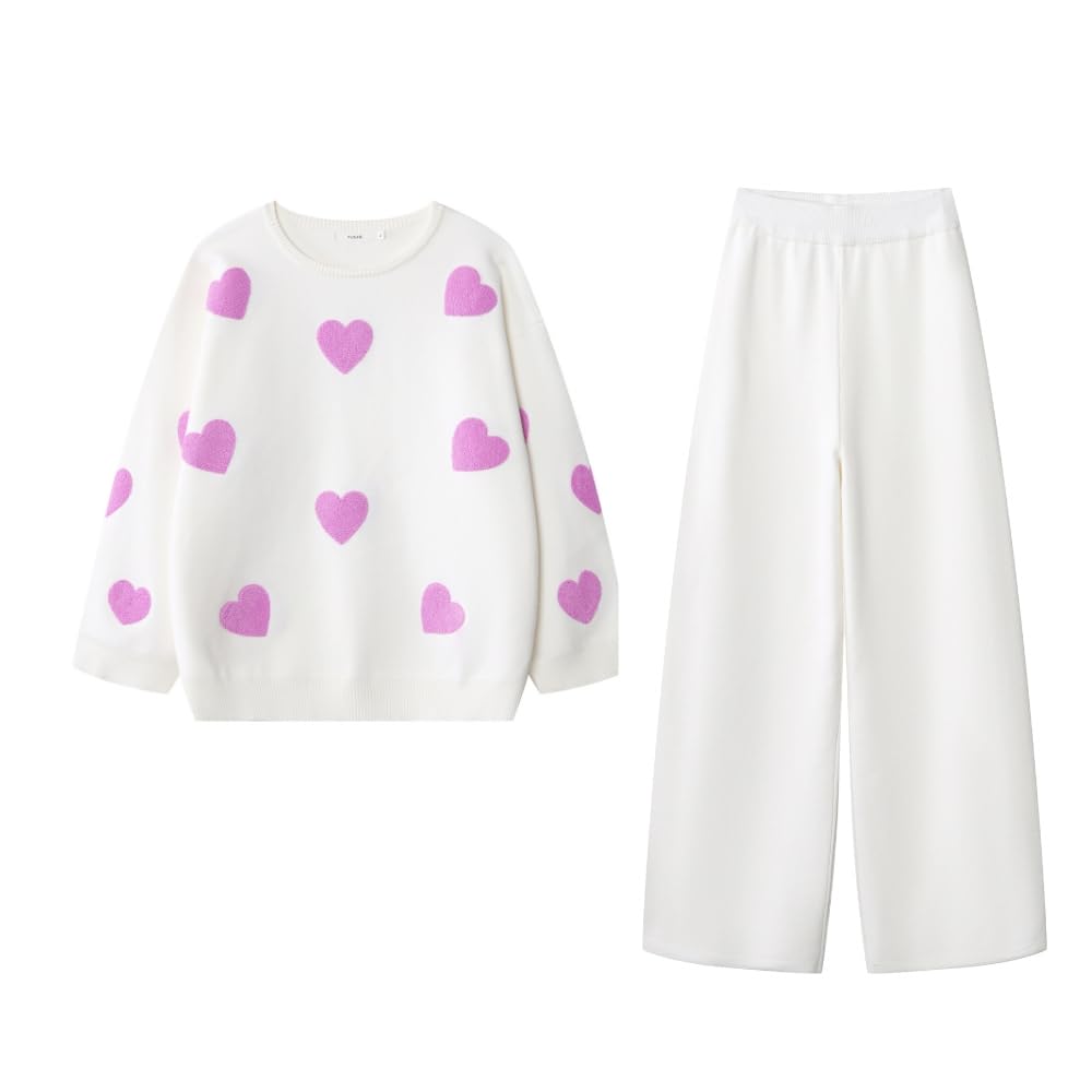 YUSHE Women Two Piece Outfit Sets | Valentine’s Lounge Set with 3D Heart Knit Sweater & High-Rise Pants | Women Winter Sets